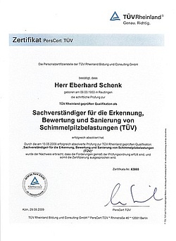 TÜV-Rheinland Zertifikat Schimmelpilz-Sachverständiger Eberhard Schenk
